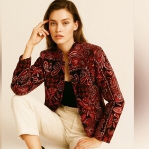 Molly & Maxx Brocade Zippered Boho Metallic Stitch Paisley Jacket Red Black Sm
